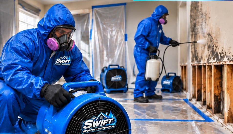 Restoration technicians working in protective equipment