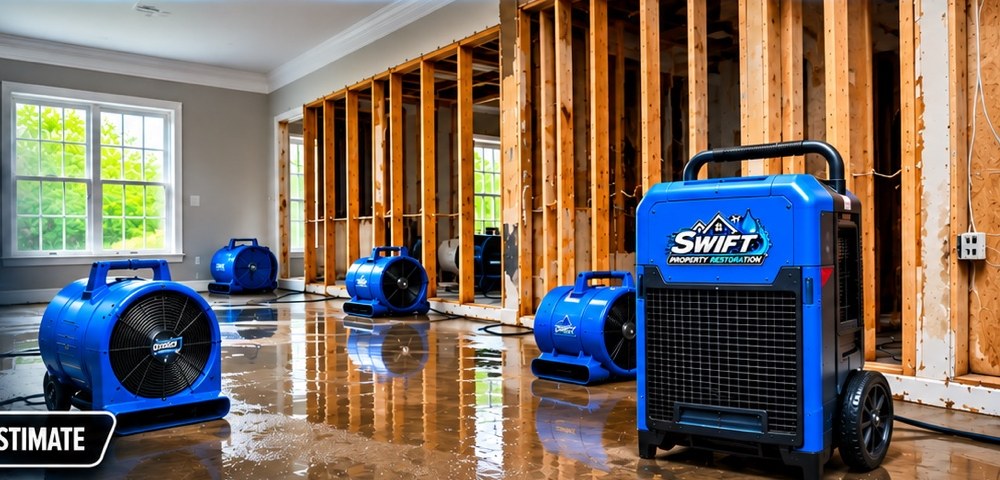 Drying equipment in a water-damaged interior